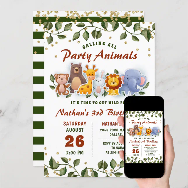 Animal Friends Zoo Party Greenery Kids Birthday Invitation | Zazzle