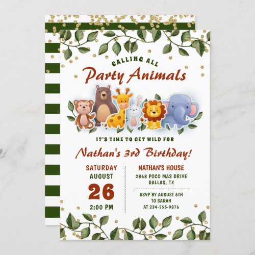 Animal Friends Zoo Party Greenery Kids Birthday Invitation