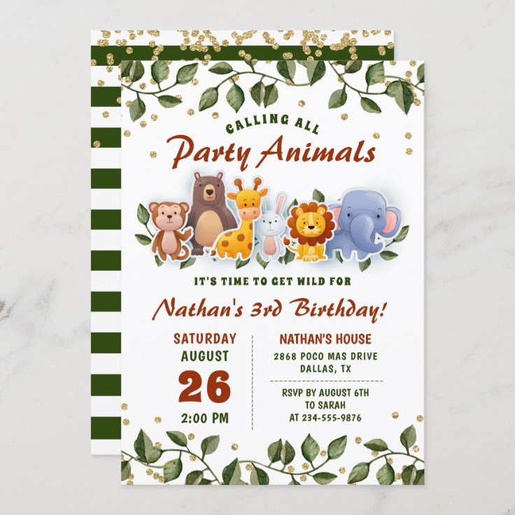 Animal Friends Zoo Party Greenery Kids Birthday Invitation | Zazzle