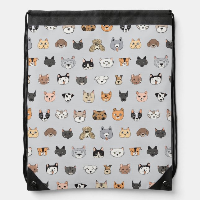 Animal Fun: Cats Dogs Doodle Mix Drawstring Bag (Front)