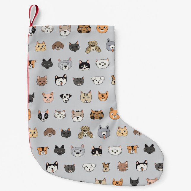Animal Fun: Cats Dogs Doodle Mix Small Christmas Stocking (Front)