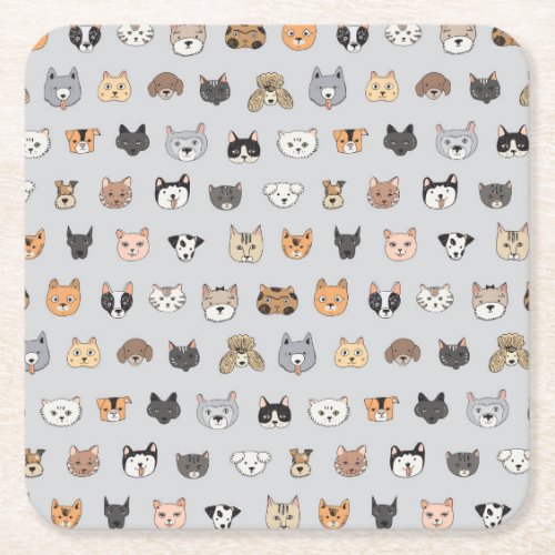 Animal Fun Cats Dogs Doodle Mix Square Paper Coaster