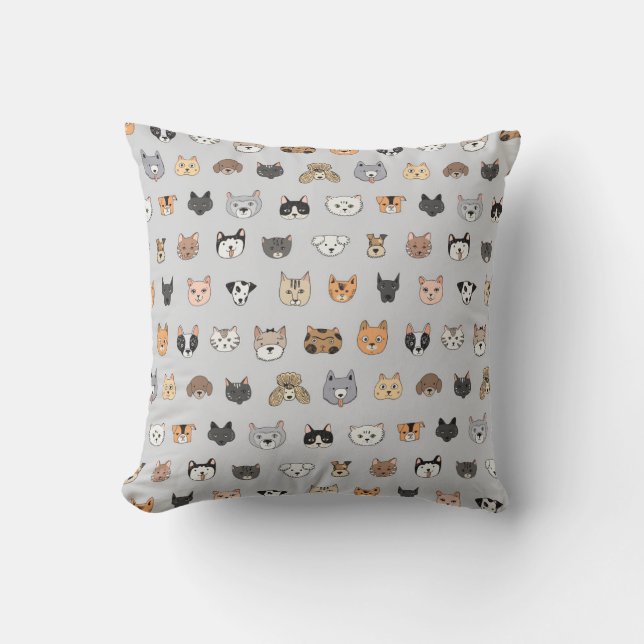Animal Fun: Cats Dogs Doodle Mix Throw Pillow (Front)