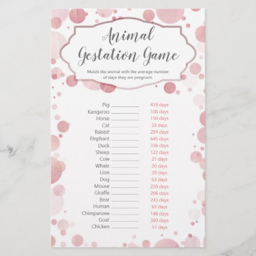 Animal Gestation Baby Girl Shower Game Answer Key