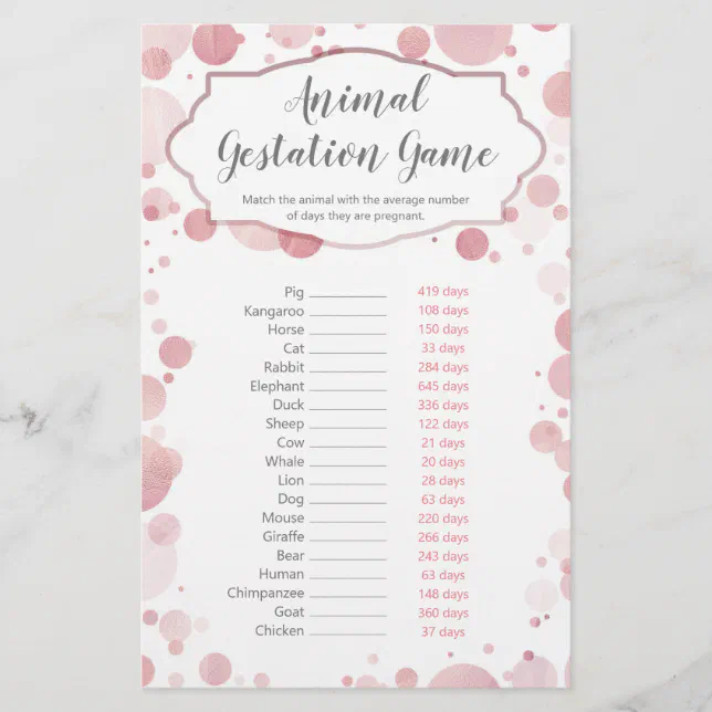 Animal Gestation Baby Girl Shower Game, Answer Key Zazzle