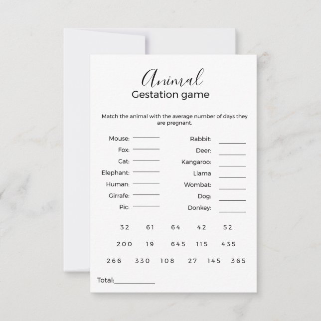 Animal gestation game baby shower game (Front)