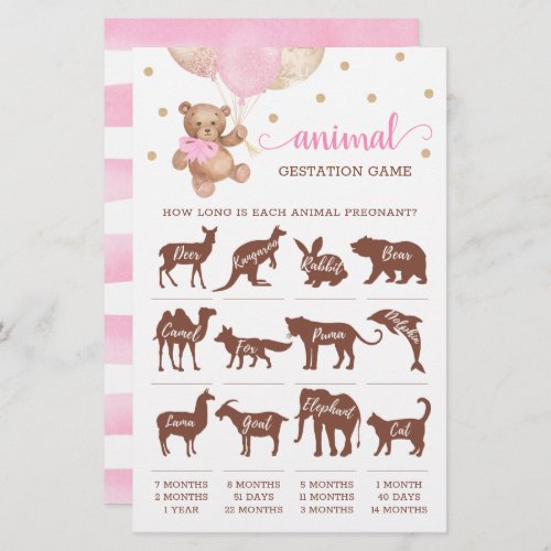 Animal Gestation Game Baby Shower Teddy Bear 