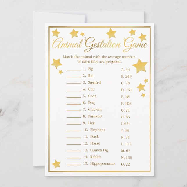 Animal Gestation Gold Star Baby Shower Game Invitation (Front)