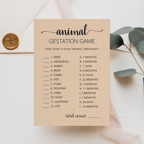 Animal Gestation with Answers Baby Shower Card