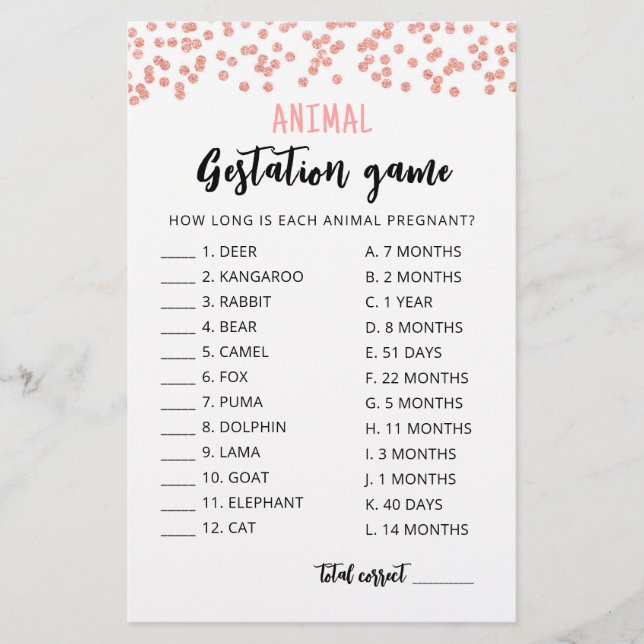 Animal Gestation with Answers Baby Shower Game (Front)