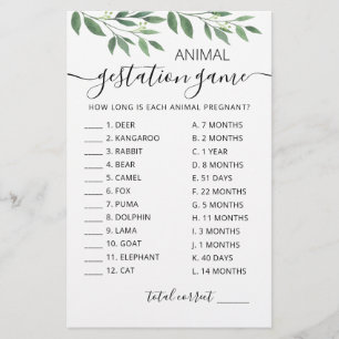 Animal Gestation with Answers Baby Shower Game