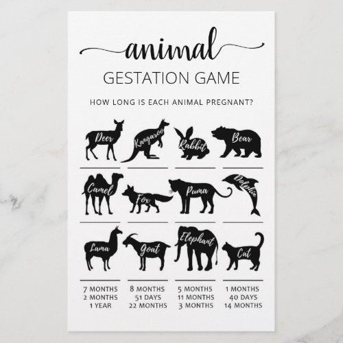 Animal Gestation with Answers Baby Shower Game