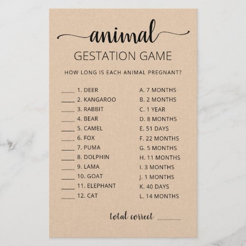 Animal Gestation with Answers Baby Shower Game