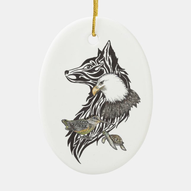 Animal Guides Wolf, Eagle, Woodcock, Turtle Ceramic Ornament (Front)