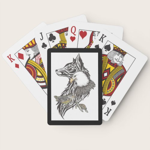 Animal guides wolf, eagle, woodcock, turtle playin poker cards