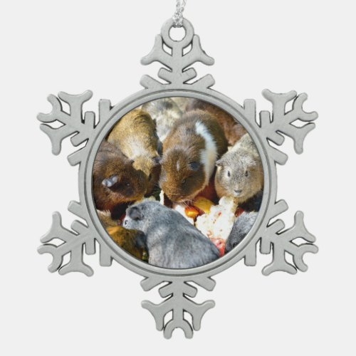 Animal Guinea pigs eating fruits Snowflake Pewter Christmas Ornament