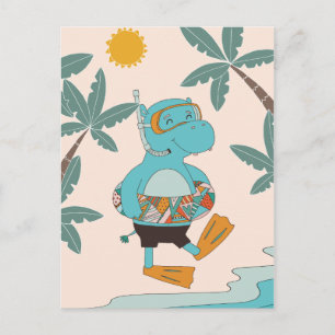 Animal Happy Summer Hippo Play on the Beach Postcard
