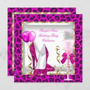 Animal Hot Pink Gold Glitter Heels Birthday Party Invitation