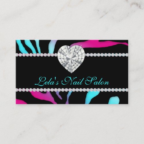 Animal Jewels Heart Zebra Nails Salon Blue Pink Business Card Templates