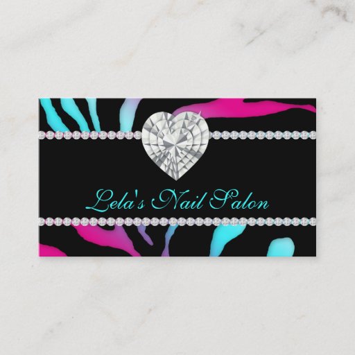Customizable Animal Jewels Heart Zebra Nails Salon Blue Pink Business Card Templates