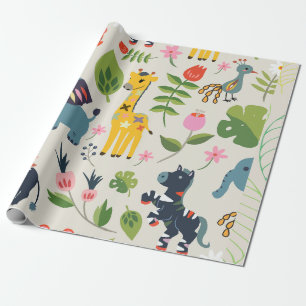 Animal Jungle Pastel Leaf Pattern Wrapping Paper