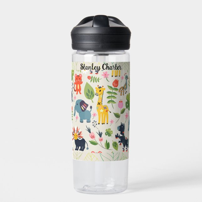 Animal Jungle Pastel Leaf Personalized Pattern  Water Bottle (Front)