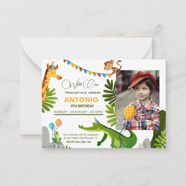 Animal Kids Zoo Wild One Safari Birthday Party Note Card (Front)