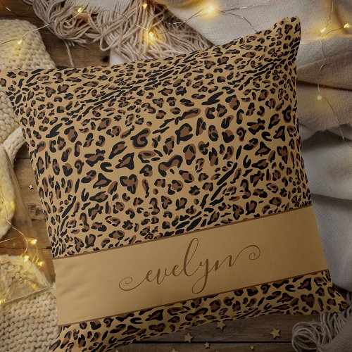 Animal Leopard Print Brown and Black Personalized Throw Pillow