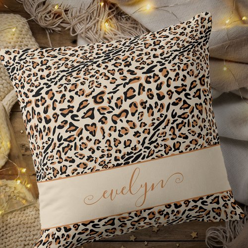 Animal Leopard Print Cream Black Tan Personalized Throw Pillow