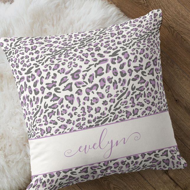 Animal Leopard Print Lilac Grey White Personalized Throw Pillow (Creator Uploaded)