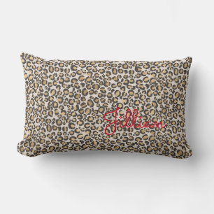 Animal Leopard Print Neutrals Red NAME Chic Trendy Lumbar Pillow