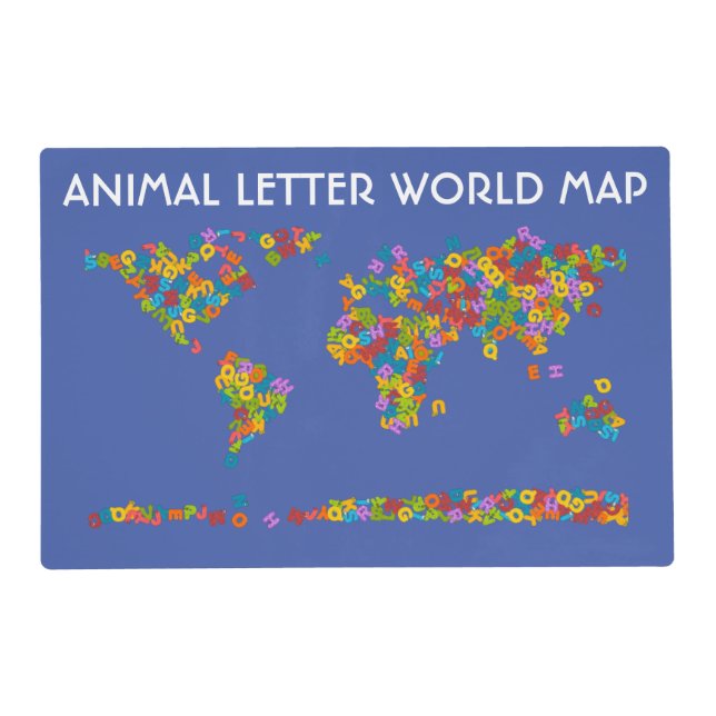 Animal Letters World Map Alphabet Placemat (Front)