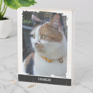 Animal lover add name black cat photo rustic wooden box sign
