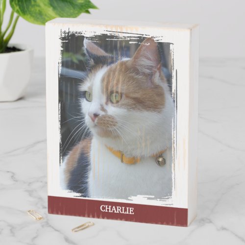 Animal lover add name burgundy cat photo rustic wooden box sign