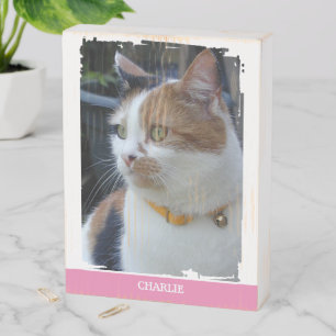 Animal lover add name pink cat photo rustic wooden box sign
