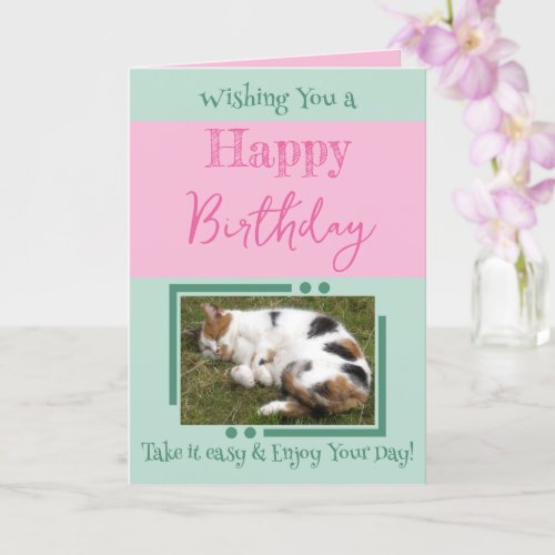 Animal lover add photo pink green birthday card