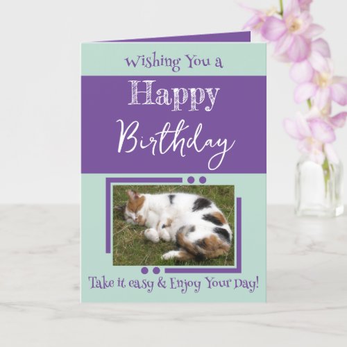 Animal lover add photo purple green birthday card