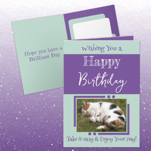 Animal lover add photo purple green birthday card