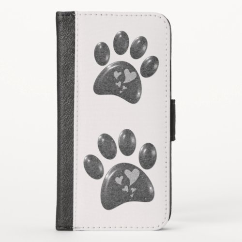 Animal Lover Black Paw Prints with Small Hearts iPhone X Wallet Case