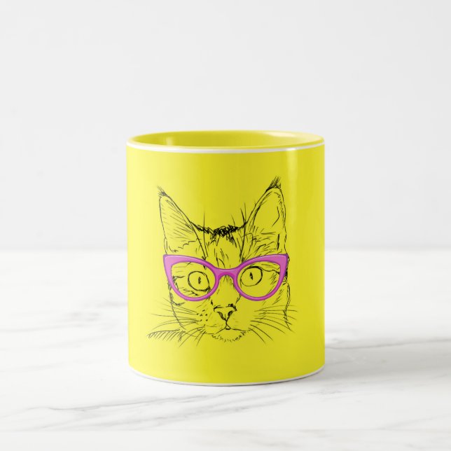 Animal Lover | Cute Yellow Cat in Pink Glasses Two-Tone Coffee Mug (Center)