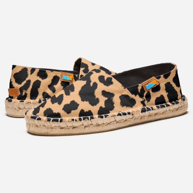Animal Lovers Faux Leopard Black Print on ORANGE Espadrilles (Angled)