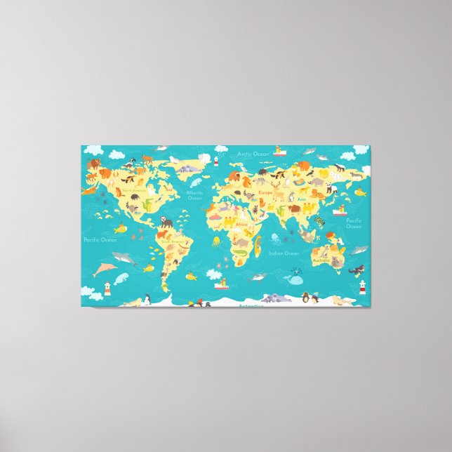Animal Map of the World For Kids Canvas Print (Front)