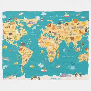 Animal Map of the World For Kids Fleece Blanket