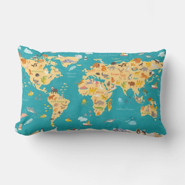 Animal Map of the World For Kids Lumbar Pillow (Front)