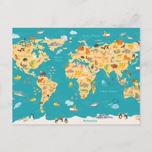 Animal Map of the World For Kids Postcard