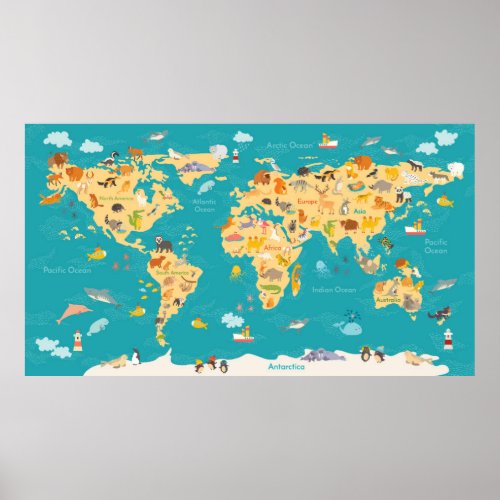 Animal Map of the World For Kids Poster