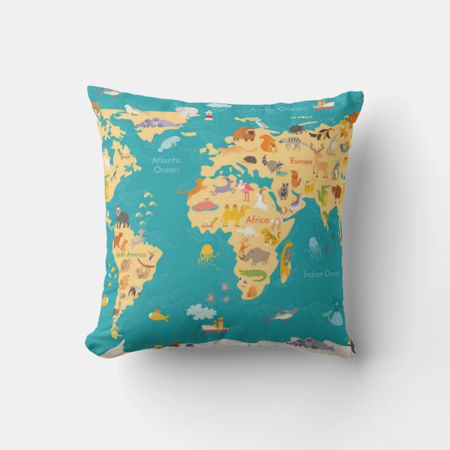 Animal Map of the World For Kids Throw Pillow (Front)