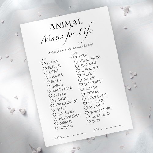 Animal Mates for Life Bridal Shower Game Card