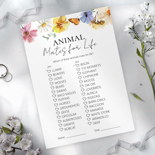 Animal Mates for Life  Bridal Shower Game Card