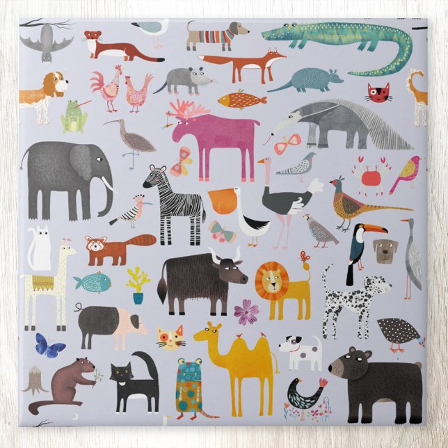 Animal Menagerie Ceramic Tile (Fun animal menagerie pettern ceramic tile)